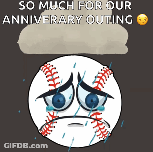 A Cartoon Baseball With A Sad Face And The Words So Much For Our Anniversary Outing GIF