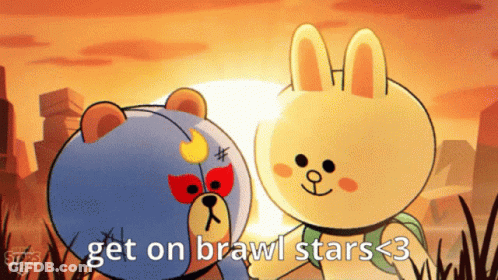 A Cartoon Bear And A Rabbit Holding Hands With The Words Get On Brawl Stars < 3 GIF