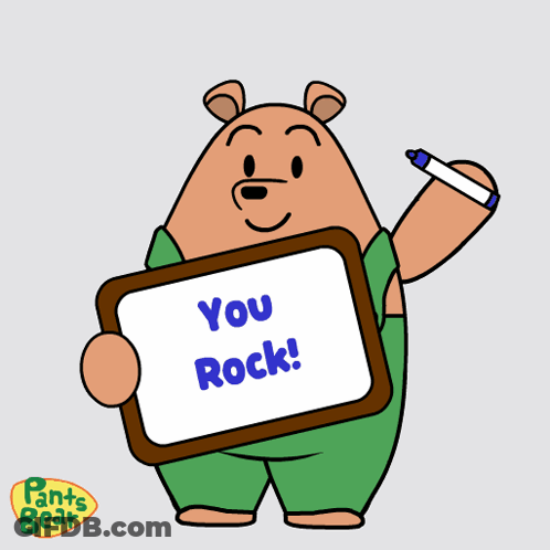 A Cartoon Bear Holding A Sign That Says " You Rock " GIF