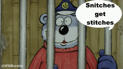 A Cartoon Bear Is Behind Bars With A Speech Bubble That Says Snitches Get Stitches GIF