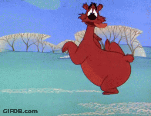 A Cartoon Bear Is Dancing In A Snowy Field With Trees In The Background GIF
