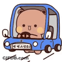 A Cartoon Bear Is Driving A Blue Car With A License Plate That Says A1220 . GIF