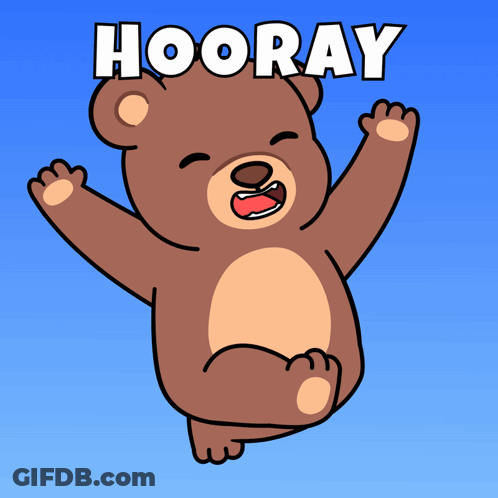 A Cartoon Bear Is Flying In The Air With The Word Hooray Above Him GIF