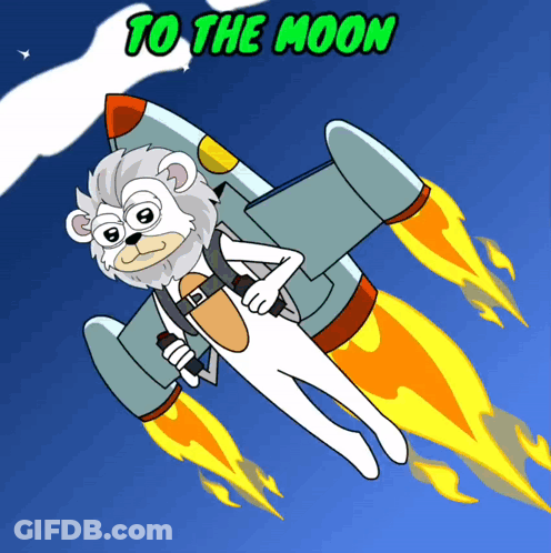 A Cartoon Bear Is Flying Through The Air On A Rocket With The Words To The Moon Above Him GIF