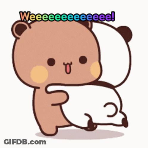 A Cartoon Bear Is Hugging A Panda Bear With The Words Weeeeeeeee ! Written On The Bottom . GIF