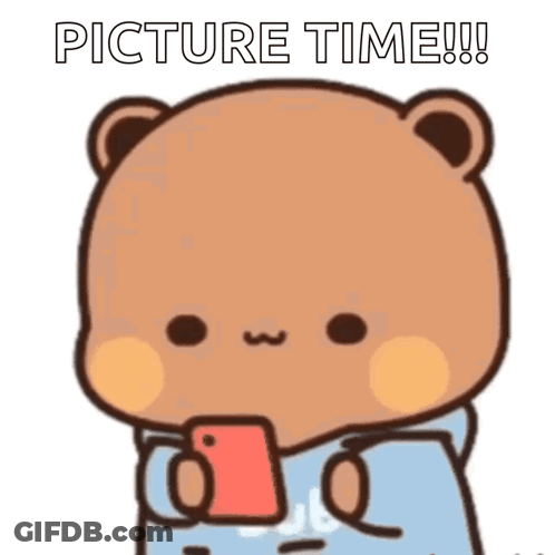 A Cartoon Bear Is Hugging Another Bear With The Words Picture Time Written On The Bottom GIF