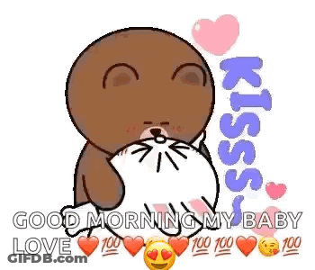 A Cartoon Bear Is Kissing A Cat With Hearts Around It And Says `` Good Morning My Baby Love '' . GIF