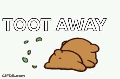A Cartoon Bear Is Laying Down With The Words Toot Away Written Above It . GIF