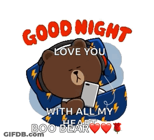 A Cartoon Bear Is Laying In Bed With Headphones On Looking At A Cell Phone And Says Good Night Love You With All My Hear GIF