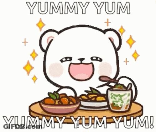 A Cartoon Bear Is Sitting At A Table Eating Food And Drinking A Cup Of Tea . GIF