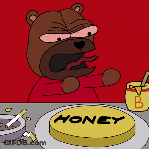 A Cartoon Bear Is Sitting At A Table With A Plate Of Honey And A Jar Of Honey GIF