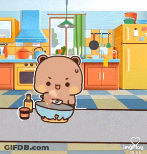 A Cartoon Bear Is Sitting In A Kitchen With A Bowl And Bottles GIF