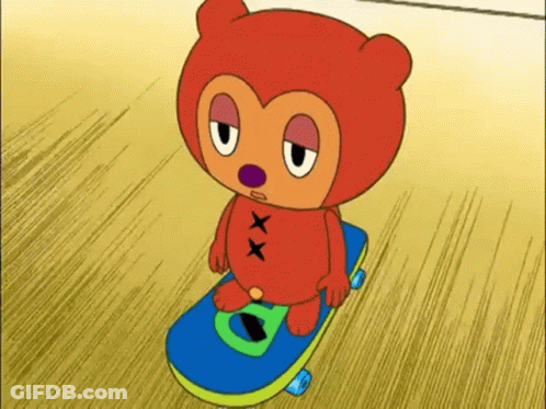 A Cartoon Bear Is Sitting On A Skateboard With The Letter O On It GIF