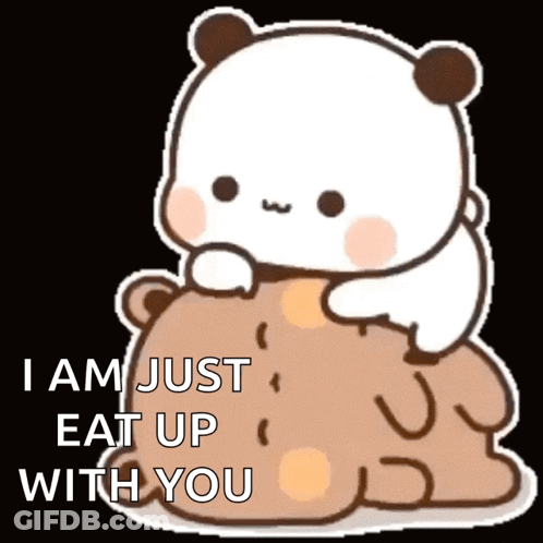 A Cartoon Bear Is Sitting On Top Of A Brown Bear And Says `` I Am Just Eat Up With You '' . GIF