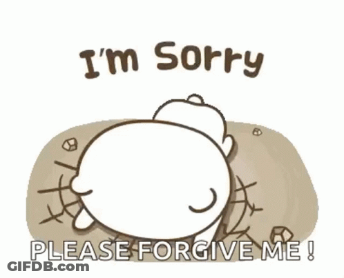 A Cartoon Bear Is Sitting On Top Of A Pile Of Rocks And Asking For Forgiveness . GIF