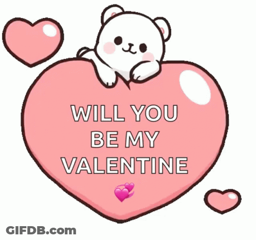Cartoon Bear Sitting On Pink Heart Saying Will You Be My Valentine GIF