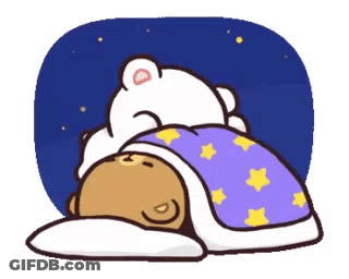A Cartoon Bear Is Sleeping Under A Purple Blanket With Stars On It . GIF