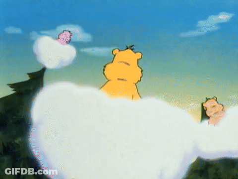 A Cartoon Bear Is Standing In The Clouds Surrounded By Other Bears GIF