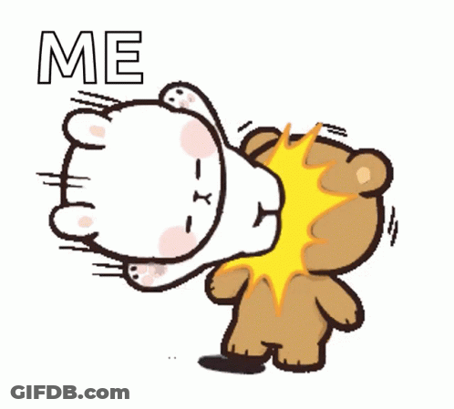 A Cartoon Bear Is Standing Next To A Fist That Says " Me " On It GIF