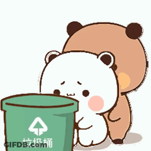 A Cartoon Bear Is Standing Next To A Green Garbage Can . GIF