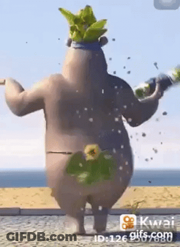 A Cartoon Bear Is Standing On A Beach Holding A Bottle Of Water . GIF