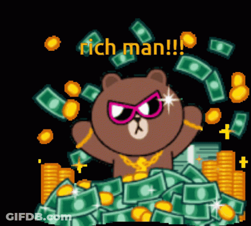 A Cartoon Bear Is Surrounded By A Pile Of Money And The Words " Rich Man " GIF