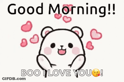 A Cartoon Bear Is Surrounded By Pink Hearts And Says `` Good Morning !! Boo I Love You '' . GIF