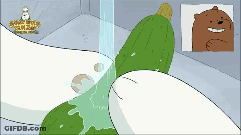 A Cartoon Bear Is Washing A Cucumber Under A Shower GIF