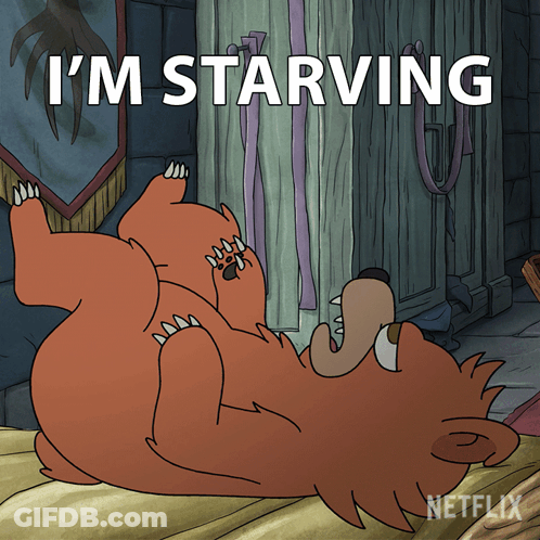 A Cartoon Bear Laying On Its Back With The Words " I 'M Starving " Below It GIF