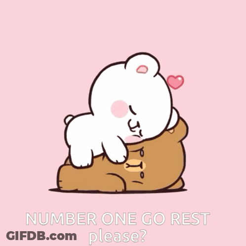 A Cartoon Bear Laying On Top Of Another Bear With The Words Number One Go Rest Please .. GIF