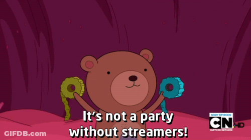 A Cartoon Bear Says It 'S Not A Party Without Streamers In A Purple Background GIF
