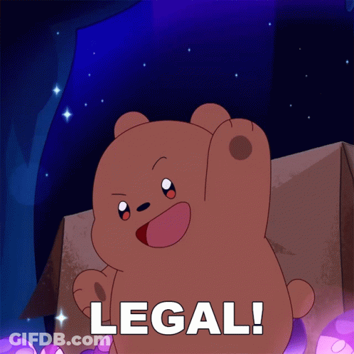 A Cartoon Bear Says " Legal " In A Purple Background GIF