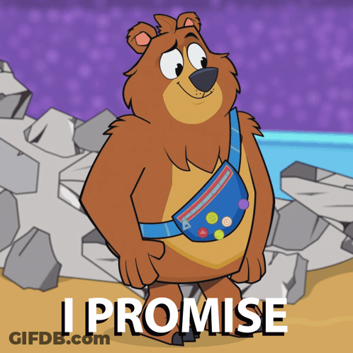 A Cartoon Bear Wearing A Blue Fanny Pack With The Words I Promise Below Him GIF