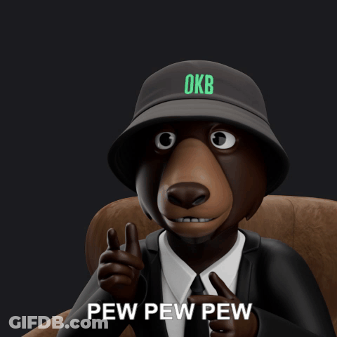 A Cartoon Bear Wearing A Bucket Hat With Okb Embroidered On It GIF