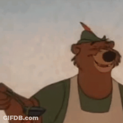 A Cartoon Bear Wearing A Hat And Apron Is Smiling And Holding A Sword . GIF