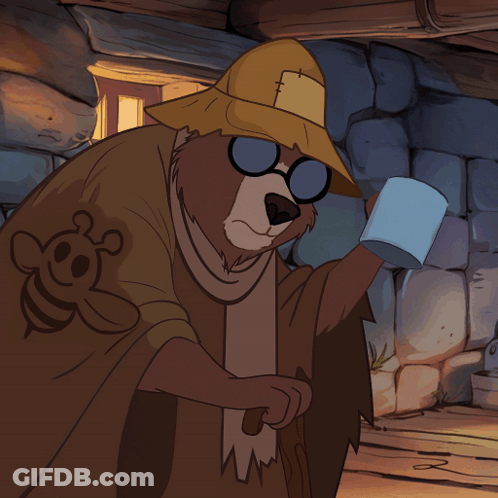 A Cartoon Bear Wearing A Hat And Glasses Is Holding A Cup GIF