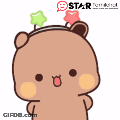 A Cartoon Bear Wearing A Headband With Stars On It And The Words Star Tamilchat On The Bottom GIF