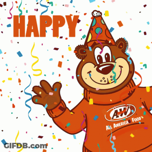 A Cartoon Bear Wearing An A&w Sweater Is Surrounded By Confetti And Ribbons GIF