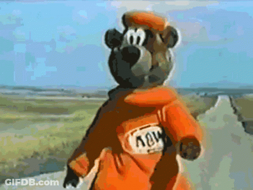 A Cartoon Bear Wearing An Orange Jacket With The Word Nov On The Back GIF