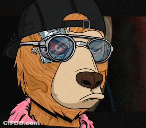 A Cartoon Bear Wearing Glasses And A Hat With The Letter C On It GIF