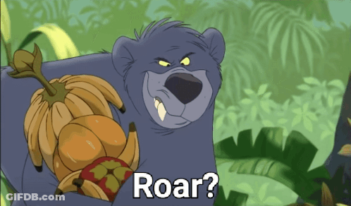 A Cartoon Bear With A Bunch Of Bananas And The Words Roar Below Him GIF