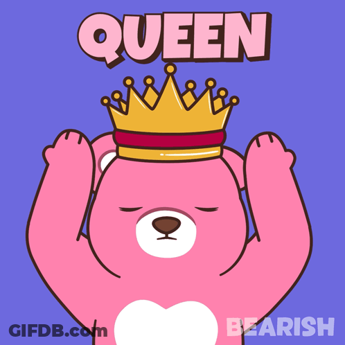 A Cartoon Bear With A Crown On Its Head And The Word Queen Above It GIF