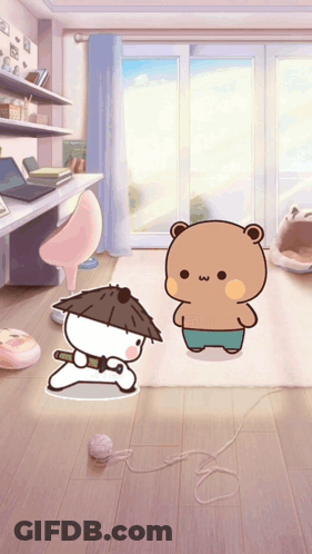 A Cartoon Bear With A Hat Is Standing Next To A White Bear GIF