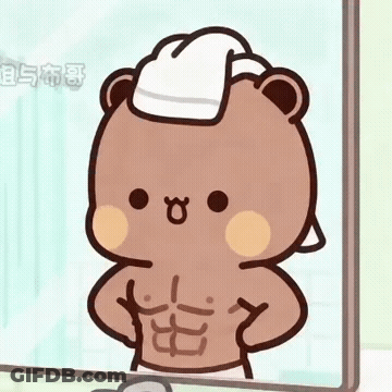 A Cartoon Bear With A Towel On His Head Is Looking At Himself In The Mirror . GIF