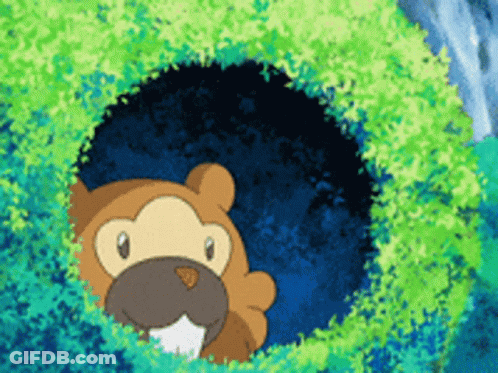 A Cartoon Beaver Is Peeking Out Of A Hole In The Trees GIF