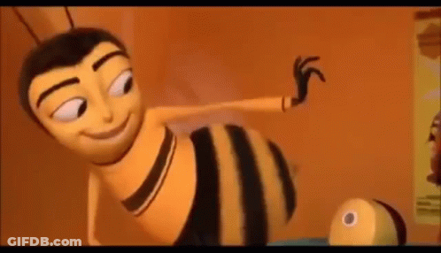 A Cartoon Bee From The Movie Bee Movie Is Standing Next To A Person . GIF