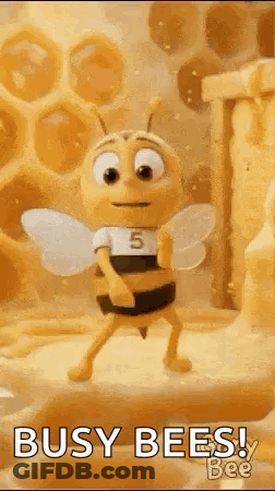 A Cartoon Bee Is Dancing In Front Of A Honeycomb And Says `` Busy Bees ! '' GIF