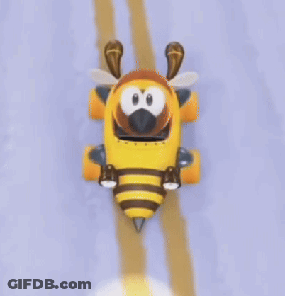 A Cartoon Bee Is Driving Down A Road In A Yellow Vehicle . GIF