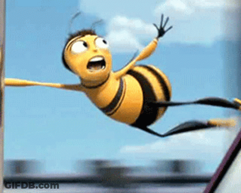 A Cartoon Bee Is Flying Through The Air With Its Arms Outstretched . GIF