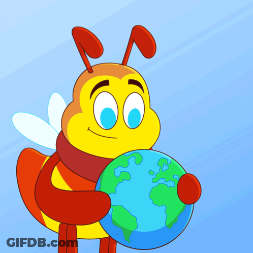 A Cartoon Bee Is Holding A Blue Globe In Its Hands GIF